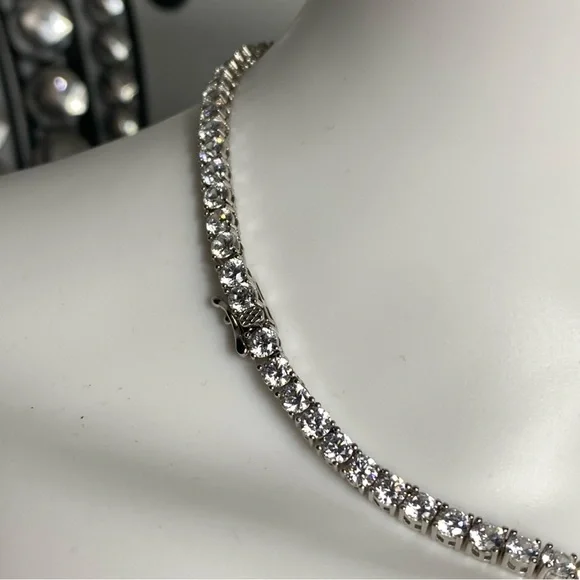 Choker Necklace 925 Sterling Silver China 16” 28.45 Grams Cubic Zircons - Picture 2 of 8